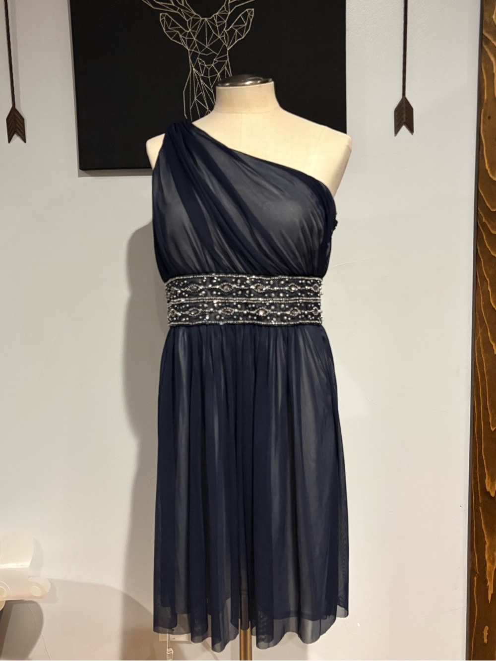 Jessica Howard Navy One-Shoulder Beaded Waist Cocktail Dress